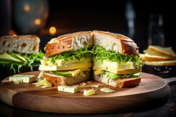 chopped sandwich with cheese and micro greens on wooden round board close up - Powered by Adobe