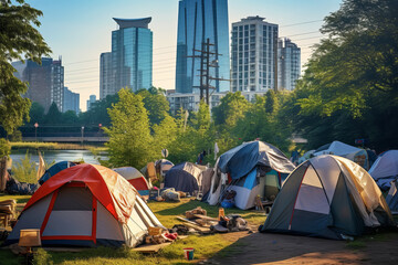 Homeless tent camp and garbage in a city park against modern skyscrapers backdrop