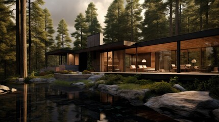  an artist's rendering of a house in the woods with a river running through the center of the house.