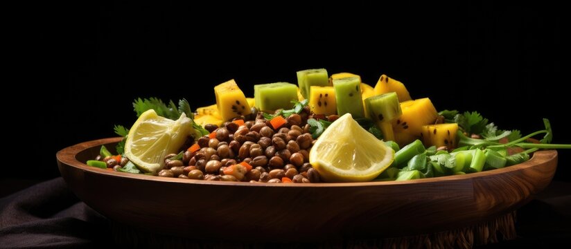 The Indian cook prepared a healthy Asian salad using cooked lentils green vegetables and red pineapple garnished with lemon on a wooden plate fitting for a nutritious diet
