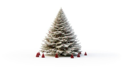  a small white christmas tree surrounded by small red and white christmas trees on a white surface with a white background.