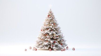  a small white christmas tree surrounded by small red and white gift boxes in front of a white background with a star on top.