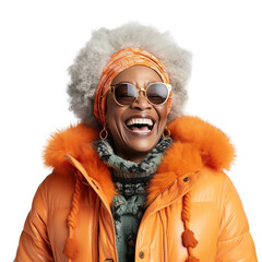 Happy senior afro woman smiling, isolated on white or transparent background.