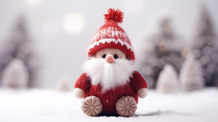 A festive, handmade toy gnome, symbolizing the new year, is sitting isolated on a tree-filled background.