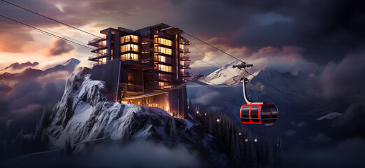 Modern cabin ski lift gondola funicular against snowcapped forest tree and mountain peaks covered...