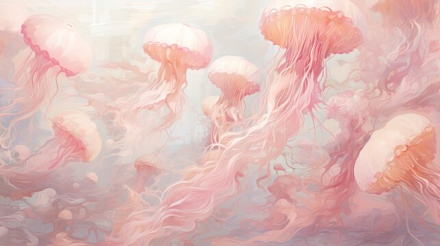  a painting of pink jellyfish floating in the ocean with a blue sky in the back ground and a light blue sky in the background.