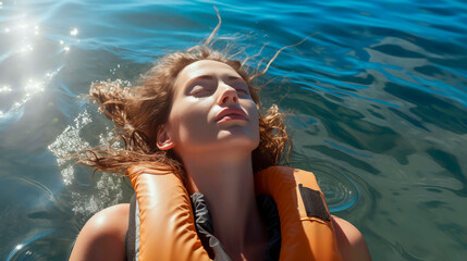 Serenity in water: Woman floating calmly in blue sea with life jacket.
 - obrazy, fototapety, plakaty