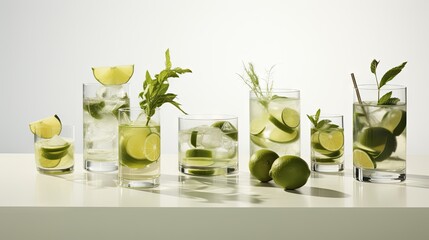  a table topped with glasses filled with different types of glasses filled with different types of drinks and garnishes.
