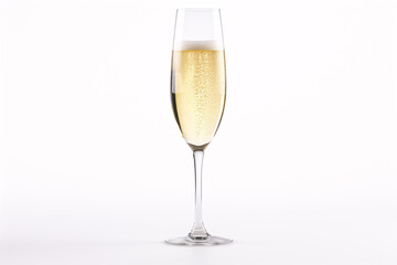 A solitary goblet of bubbly on a pristine white canvas.