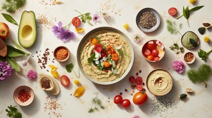  a bowl of hummus, tomatoes, avocado, and other fruits and vegetables on a white surface.