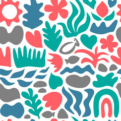 Abstract organic seamless pattern summer water motifs. Hand drawn natural shape blots, freehand lines. Sea river boho design elements. Cute doodle repeat pattern tile for background, textile print.