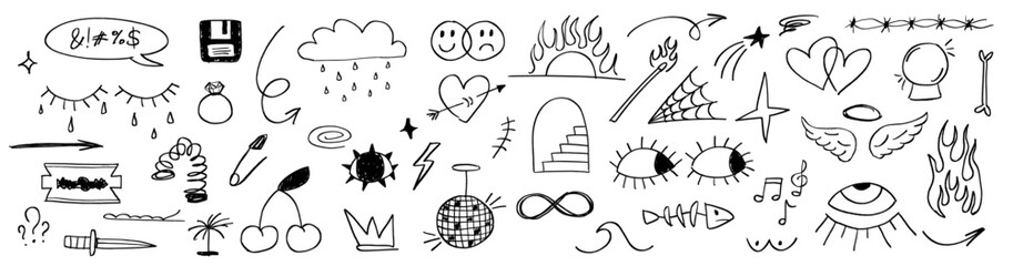 Charcoal pen liner doodle texture elements, crown, eyes, disco, angel, fire. Handdrawn cute cartoon pencil sketches of decorative icons. Vector trendy illustration