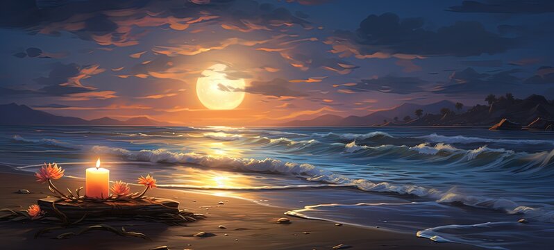 romantic tropical paradise beach shore with candle light, nature landscape background wallpaper, artistic painting illustration, Ai Generated