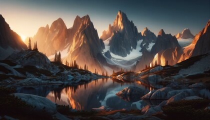 Sunrise over serene mountains, with warm light on snowy peaks and a calm lake.
 - obrazy, fototapety, plakaty