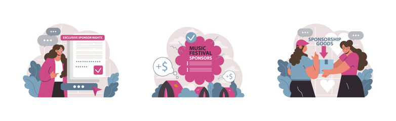 Sponsorship set. Navigating exclusive sponsor rights online. Generating funds for music festivals. Exchange of goods between sponsors. Vibrant interactions and discussions. Flat vector illustration