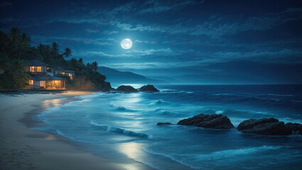 Deep blue moonlit ocean at night with serene waves. Ai Generative - obrazy, fototapety, plakaty