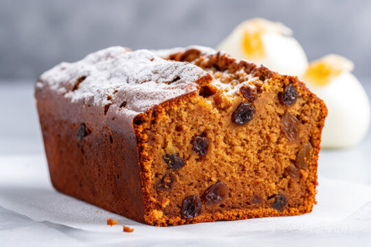 Fruit cake Bara Brith. Welsh traditional dessert on light grey background