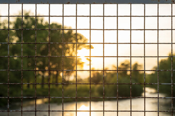 A view through the bars of the sunset and the sunlight falling on the forest and water. Concept of prison and prison cell. The view from the prison cell. The concept of freedom. - obrazy, fototapety, plakaty