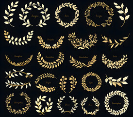 Fototapeta premium a set of gold wreaths made from flowers and leaves on black background