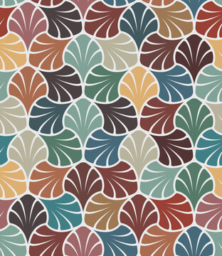 Seamless floral pattern with abstract multicolored leaves and flowers on a white background. Retro style geometric design. Vintage colors. Vector illustration.