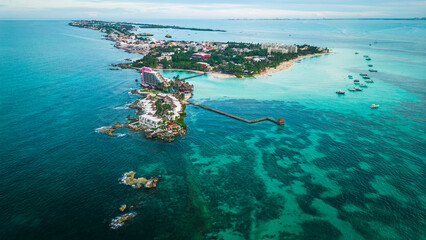Aerial of Isla Mujeres Mexico travel holiday destination In Caribbean Sea riviera Maya Cancun