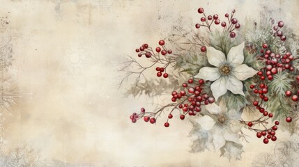  a painting of poinsettis, holly, and other flowers on a beige background with snowflakes.