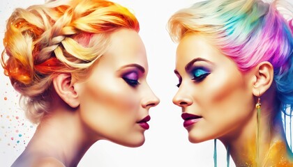 Portrait of two attractive young women looking each other in the eyes. The concept of female friendship, love and beloved. Women Club. Colorful hairs, burst of colors on background, paint drops splash - obrazy, fototapety, plakaty