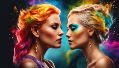 Fototapeta premium Portrait of two attractive young women looking each other in the eyes. The concept of female friendship, love and beloved. Women Club. Colorful hairs, burst of colors on background, paint drops splash
