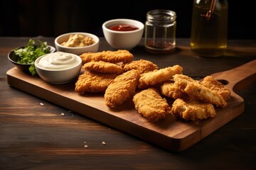 An arrangement of chicken wings and sauce on a wooden tray