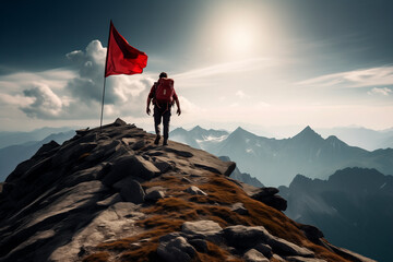 Obraz premium illustration. a Hiker man heading to mountain top where there is a flag on top