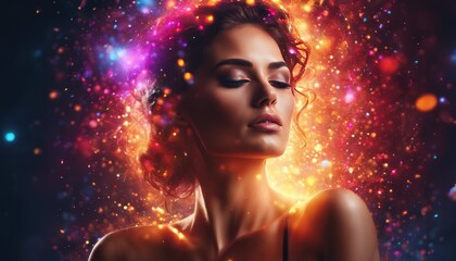 Obraz na płótnie Canvas Mysterious beautiful young woman with rainbow colored powder and color explosion in the background. Close up portrait of perfect woman face, colorful light particles, color splashes bokeh background