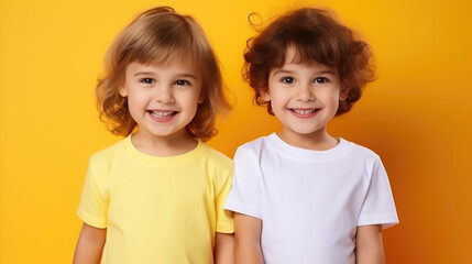 cheerful children, boy and girl on a colored background in the studio, brother and sister, child, kid, toddler, childhood, portrait, face, emotional, expression, joy, friends, happiness, baby, clothes