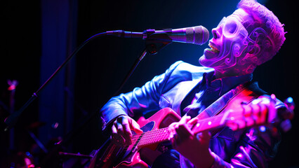 Obraz premium Fantastic x-ray image of a singer with a guitar in pink and blue color, web banner with copy space