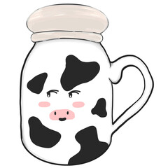 ceramic milk mug with cow pattern. Drawing design milk glass bottle and shapes