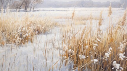 Obraz premium a painting of a snow covered field with tall grass in the foreground and a few trees in the background.