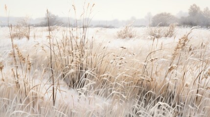 Fototapeta premium a painting of a field of tall grass with snow on the ground in the foreground and trees in the background.