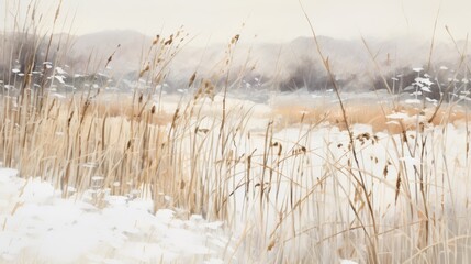  a painting of a snow covered field with tall grass in the foreground and hills in the distance in the distance.