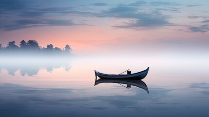  a small boat floating on top of a body of water under a sky filled with clouds with a person standing in the front of the boat. - Powered by Adobe