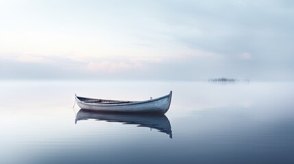  a boat floating on top of a body of water next to a shore covered in fog and low lying clouds.