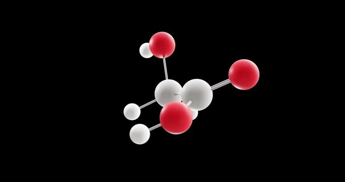 Glycolic acid molecule, rotating 3D model of hydroxyacetic acid, looped video on a black background
