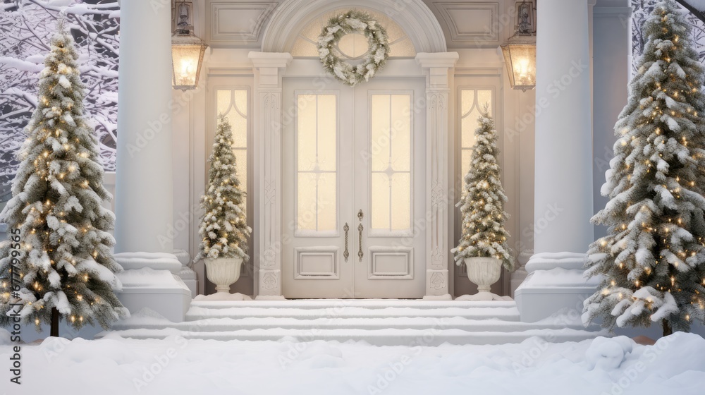 Canvas Prints  a white front door with christmas trees in front of it and a wreath hanging on the front of the door.