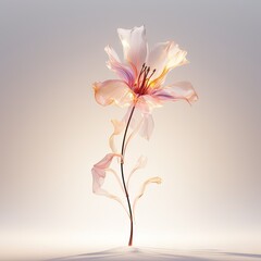  a flower that is sitting in the middle of a room with a white wall behind it and a light in the middle of the room.