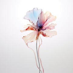Fototapeta na wymiar a pink and blue flower in a glass vase on a white background with a long stem in the center of the picture.