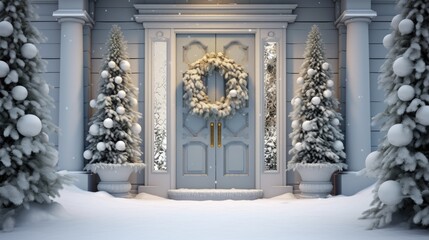  a snowy scene of a front door with a wreath on the front of the door and snow on the ground.