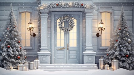  a winter scene of a house with a christmas tree in front of the front door and a wreath on the front door.