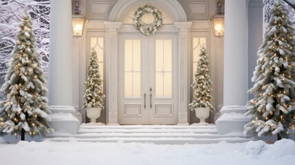  a white front door with christmas trees in front of it and a wreath hanging on the front of the door. - obrazy, fototapety, plakaty