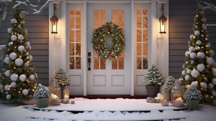  a front door decorated for christmas with a wreath and a wreath on the front of the door and a wreath on the side of the door.