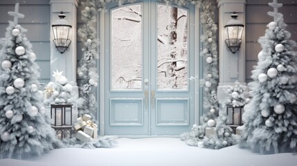  a snowy scene of a front door with christmas trees and presents in front of the front door of a house.