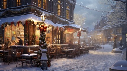  a winter scene of a restaurant with a christmas tree in the foreground and a street light in the foreground.