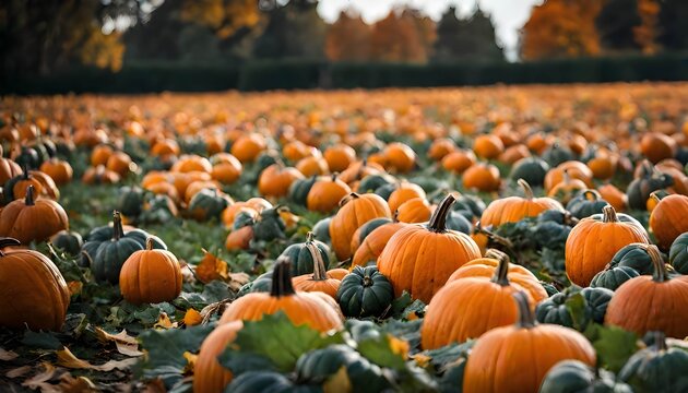 festive pumpkin patch, bursting with vibrant hues of orange and yellow, showcases the harvest spirit of October and November, creating a picturesque scene of seasonal abundance.
